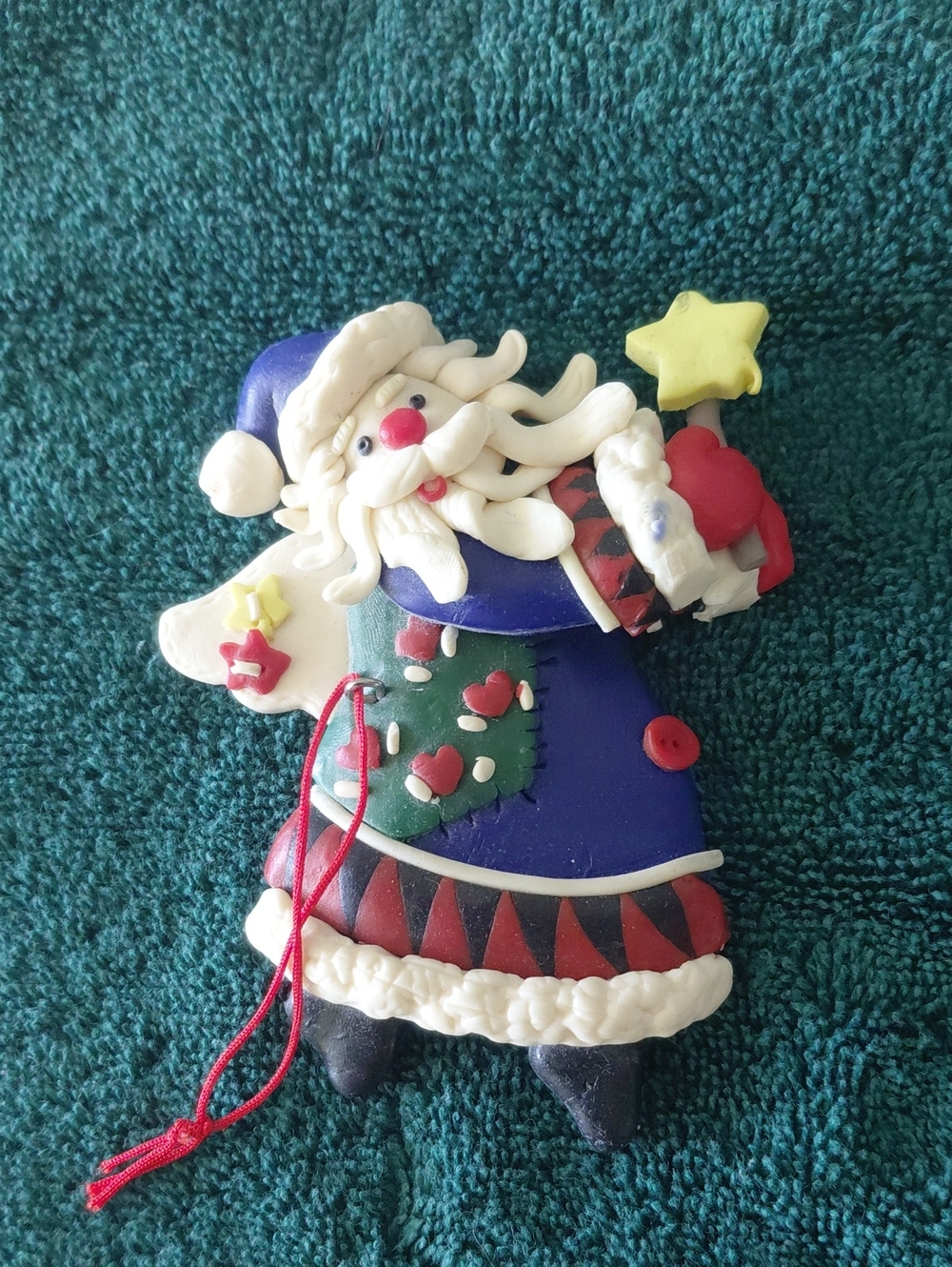 Vintage Handmade Santa Ornament in Blue, Green, Red